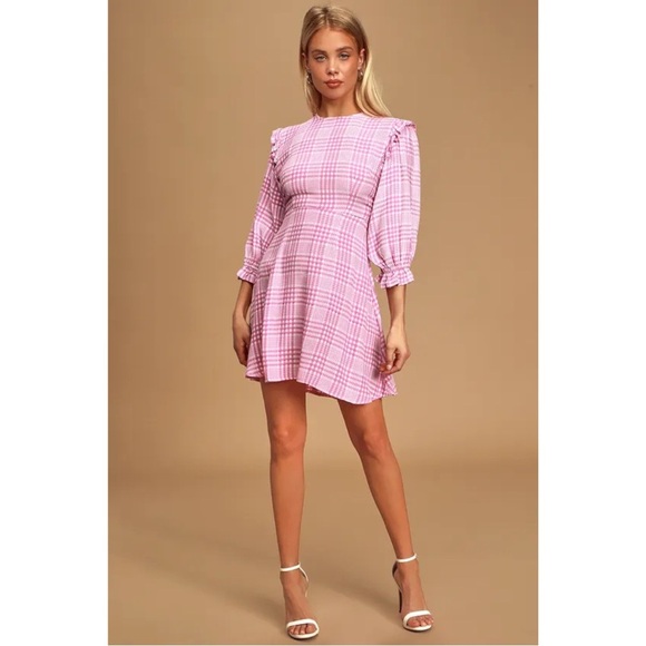 Faithful The Brand Edwina Pink Plaid Ruffled Puff long-Sleeve Mini Dress Size L - Picture 3 of 13